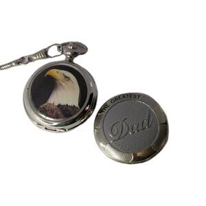 Hanslin Quartz Pocket Watch w/ Eagle & “Dad” Interchangeable Covers, Silver Tone